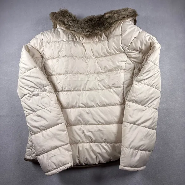 Old Navy Womens Cream Puffer Jacket Faux Fur Collar Brown Trim Size S - Image 5