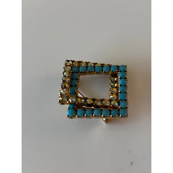 Brooch Womens Blue Gold Vintage MCM Geometric‎ Rhinestone - Image 3