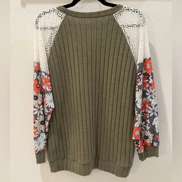Olive Green Floral Patchwork Blouse Ribbed Lace Balloon Sleeve Whimsigoth XL - Image 11