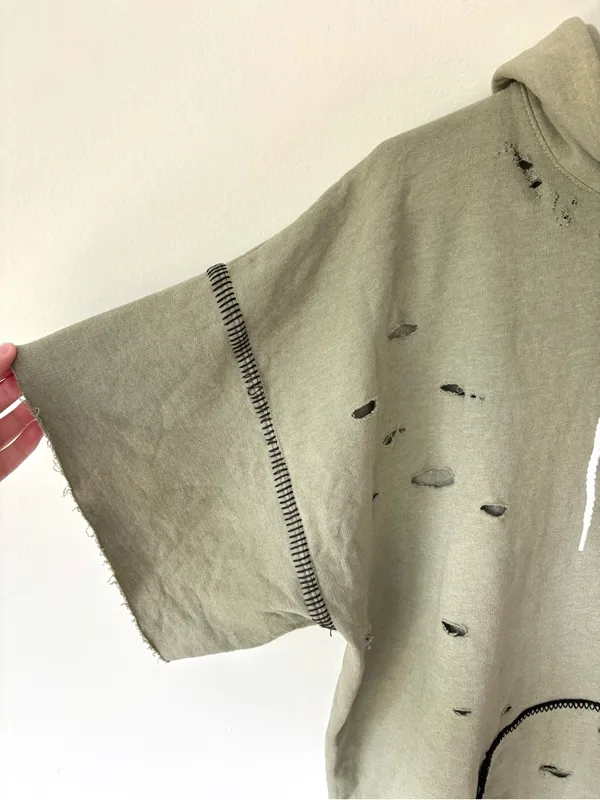 Free People x Tricia Fix Green Short-sleeve Hoodie Distressed Holes Black Stitch - Image 5