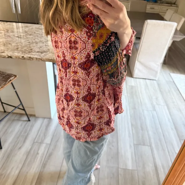 Umgee + XL Boho Patchwork Print Peasant Blouse Top Tie Neck Long Sleeve - Image 5