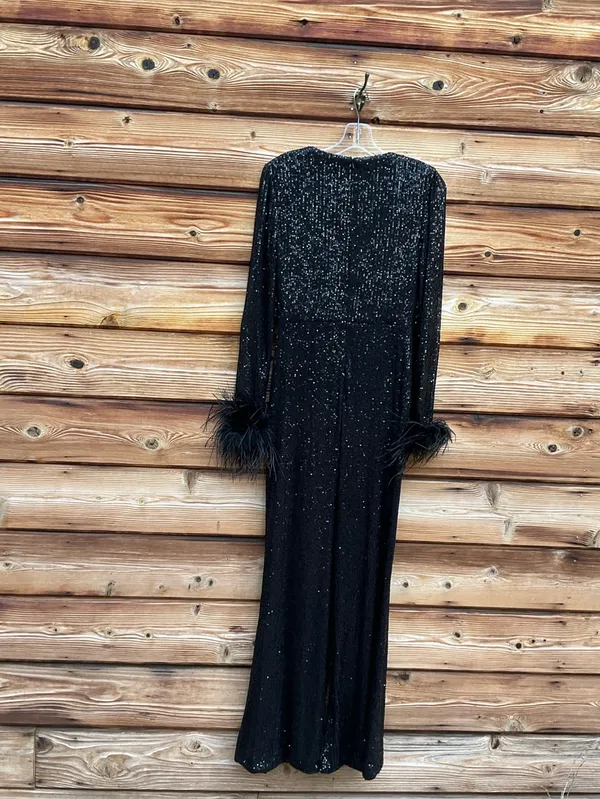 Mac Duggal Black XS Sequin Feather Trim Flare Leg V Neck Pants Jumpsuit - Image 8