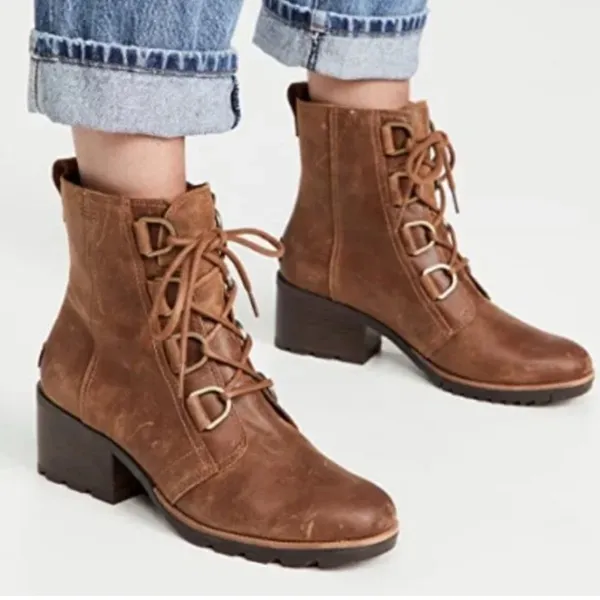 Sorel Cate lace bootie ankle boot sz 9 combat leather brown - Image 2