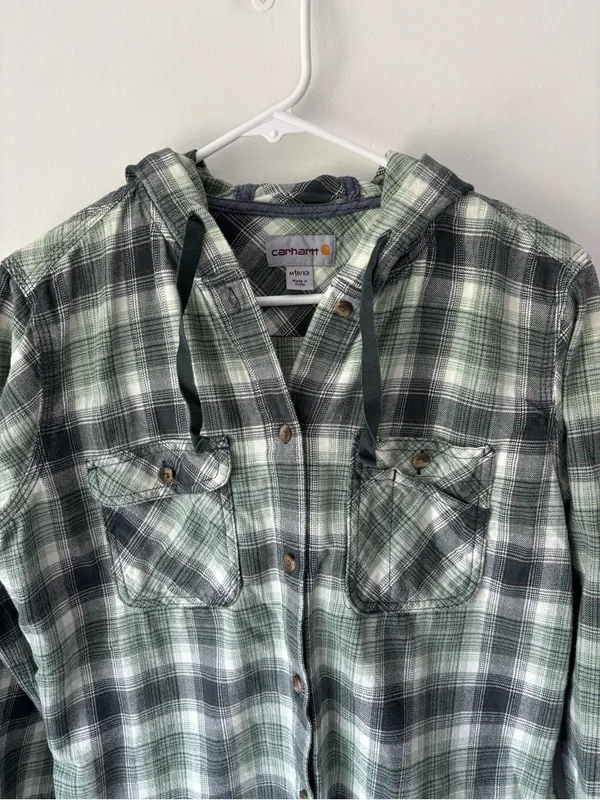Carhartt Relaxed Fit Flannel Hooded Green White Plaid Button Front Shirt - Image 3