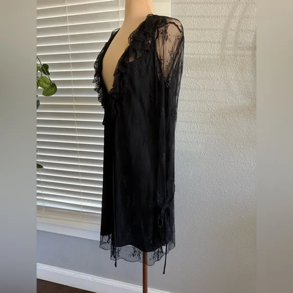Whimsigoth Lace Overlay Mini Dress‎ Ruffle Plunge Neck Size 12 Bell Sleeves - Image 3