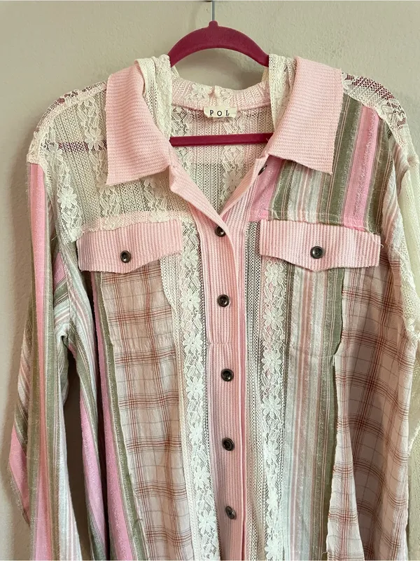 POL Patchwork Plaid LaceRelaxed Hooded Shirt Jacket Size Small - Image 5