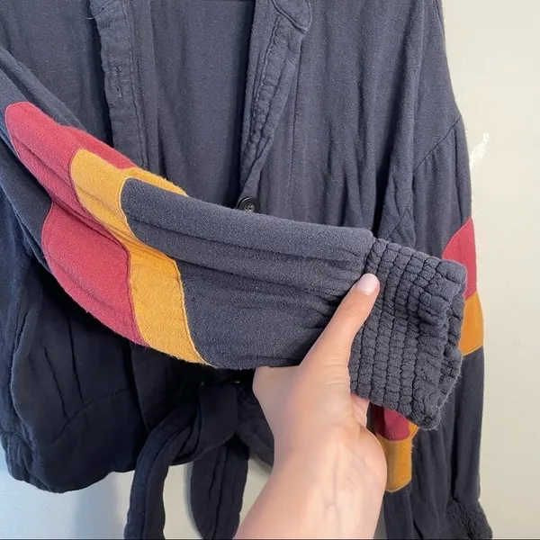 Vintage‎ Havana Sweater Jacket Dark Navy Blue Striped Sleeves Draped Tie Soft - Image 4