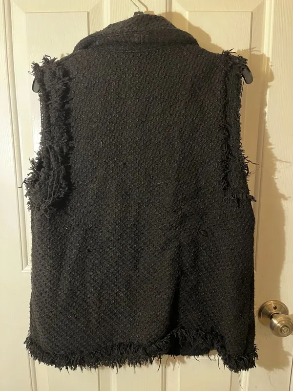 Zara Black Textured Tweed Waistcoat with Frayed Trims and Gold Buttons - Image 10
