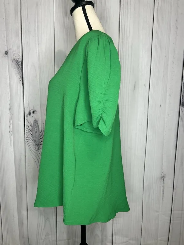 Jodifl Womens Sz Large Bright Green Short Ruched Sleeve V-Neck Blouse - Image 4