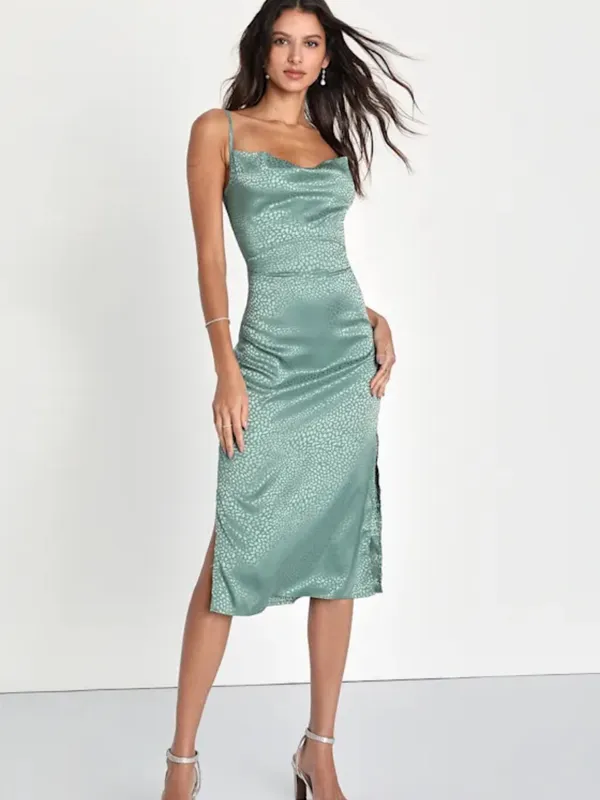 Lulus Total Stunner Sage Green Satin Jacquard Cowl Neck Midi Dress size small - Image 2