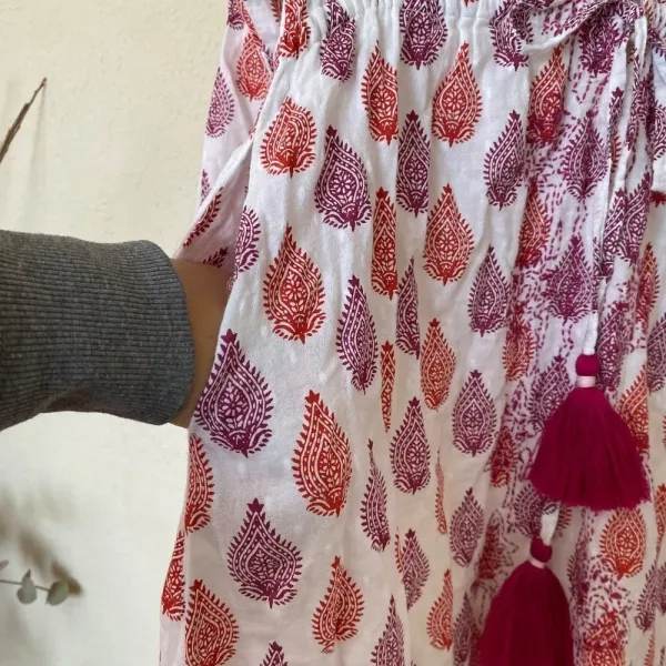 Roller Rabbit Cotton‎ midi Dress in Floral Block Print tassels red white size S - Image 8