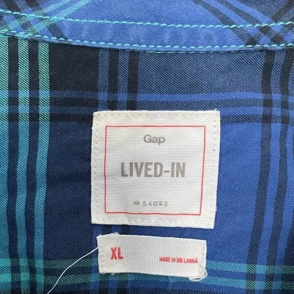 Gap Plaid Lived-In Cotton Long Sleeve Button Down Shirt Blue Aqua Size XL - Image 11