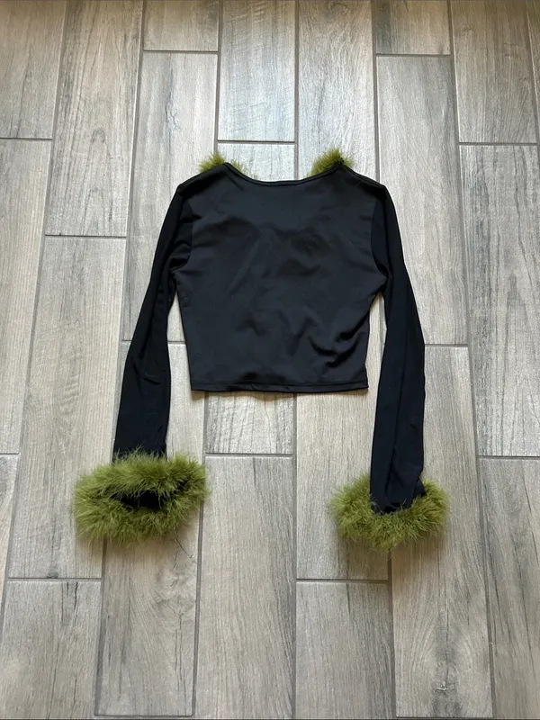 Black Long-Sleeve Crop Top with Olive Green Feather Trim - Image 2