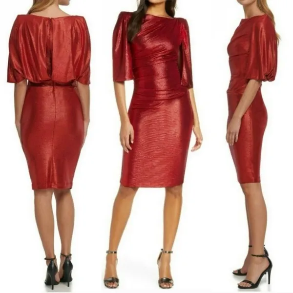 Eliza J Cocktail Dress Capelet Sleeve NWT Ruched‎ Sparkly Red Draped Back Size 8 - Image 3