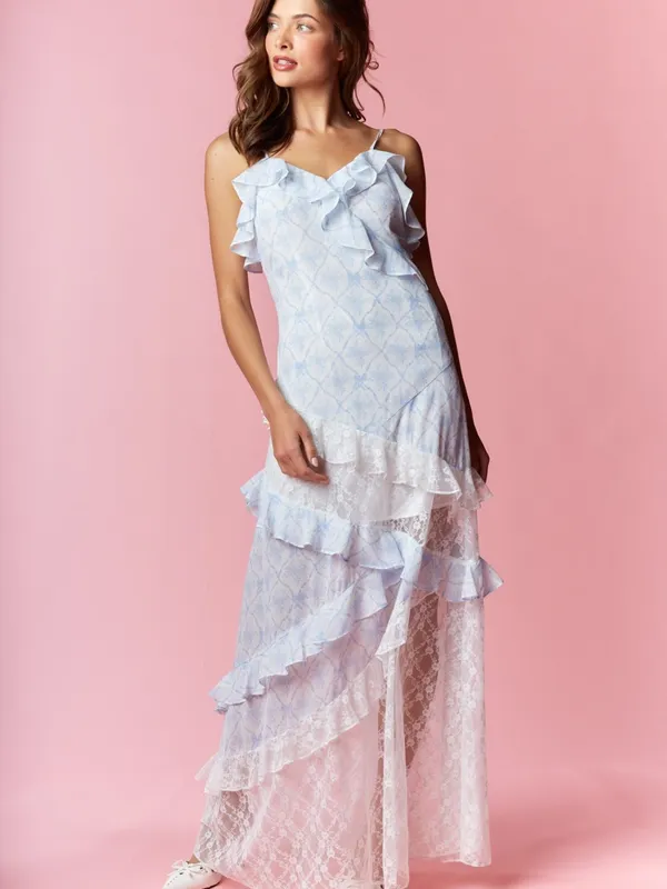 Coquette Printed Lace Mixed Ruffle Maxi Dress Medium - Image 5