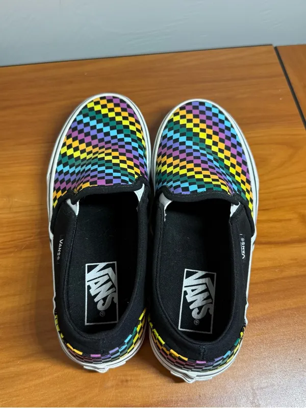 Vans Classic Slip On Checkerboard Canvas Sneaker Skate Rainbow Black Shoe W6.5‎ - Image 5