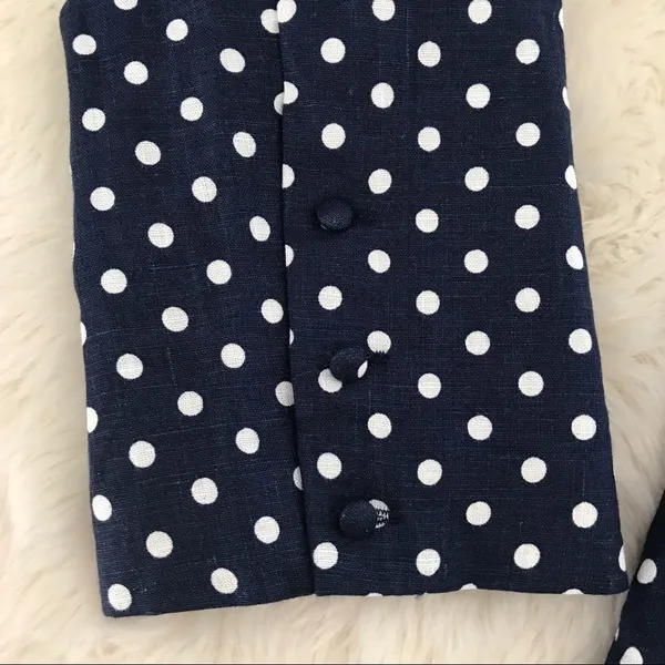 L’ACADEMIE Polka‎ Dot Linen Blazer Medium Navy Blue White Boyfriend Open Front - Image 7