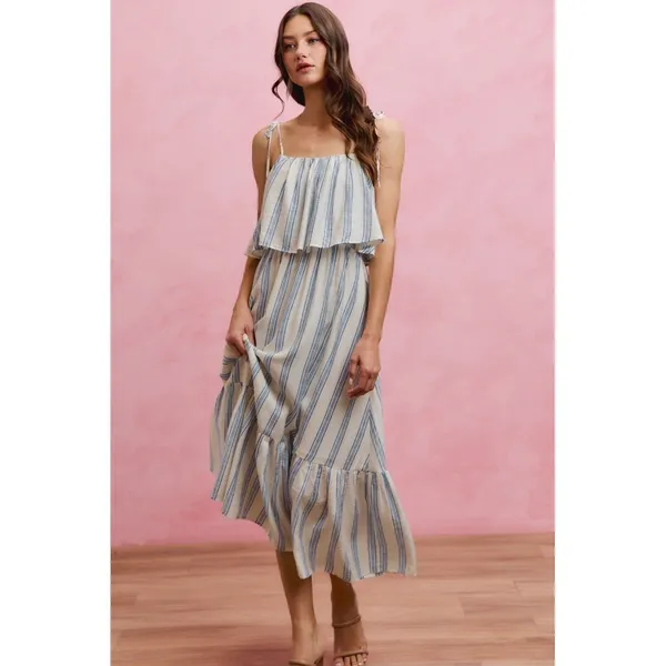 SO ME Stripe Tiered Shoulder Tie Midi Lined Dress - Medium - Image 12