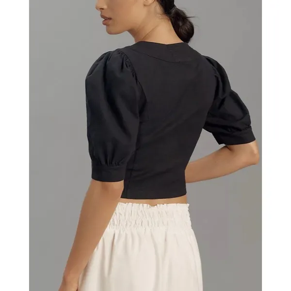 Anthropologie Puff Sleeve Scoop Neck Linen Crop Top‎ Black Size 6 EUC Size Large - Image 2