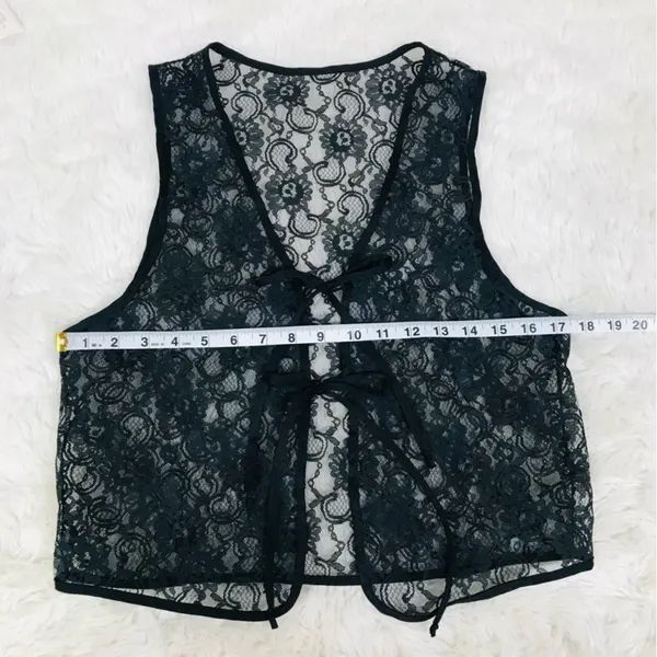 VINTAGE‎ Sheer Black Lace Tie Front Vest Top Small Goth Fairycore Grunge Y2K 90s - Image 6