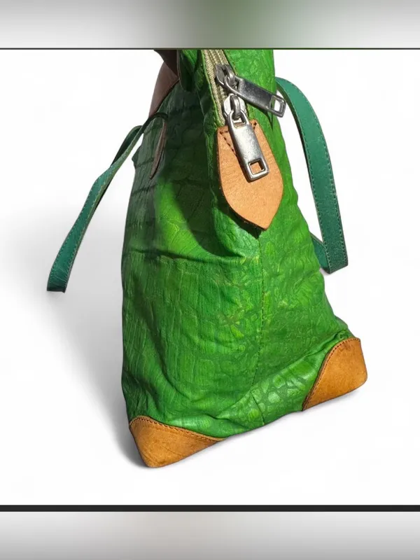 Green Croc-Embossed Tote with Tan Trim and Green Straps - Image 3