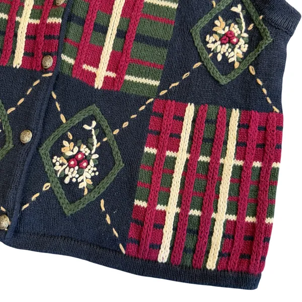 Mountain Lake Sweater Vest Womens Large Vintage Plaid Floral Embroidered Granny - Image 3