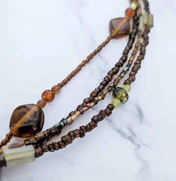 Vintage Necklace Multi Strand Glass? Amber Tone Brown Green Statement - Image 6