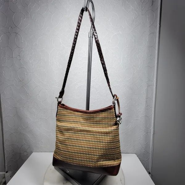 Brighton Tweed Purse Braided Leather Trim Heart Charm Brown Tan Check - Image 3