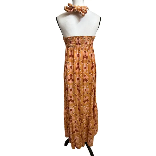 NWT Aerie Sz XS Linen Blend Halter‎ Maxi Dress Ikat Orange Pink Boho Braided - Image 5
