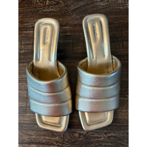 Vince Ceil‎ Mule Sandals Women 9 Gold Quilted Metallic Leather Kitten - Image 3