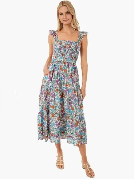 Anthropologie Roller Rabbit Dress Blomst Doe Silk Cotton Floral Shirred Sundress - Image 2