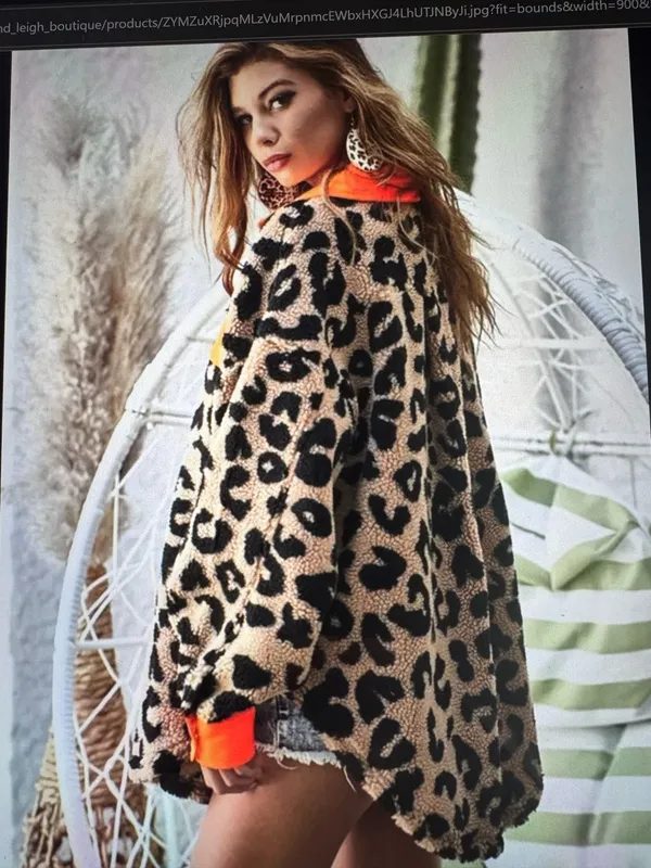 BiBi Leopard Sherpa Jacket Shacket with Neon Orange Trim NWT women’s sizes S - Image 2