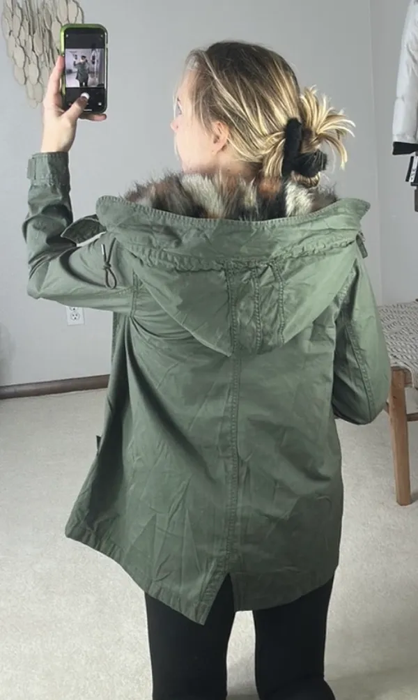 : Olive Green Faux Fur Canvas Coat - Image 2