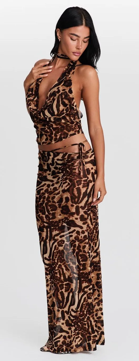 Sasha Therese Aubrey Maxi Skirt Leopard Print Mesh Sheer Cut Out XS⁠ Resortwear - Image 2