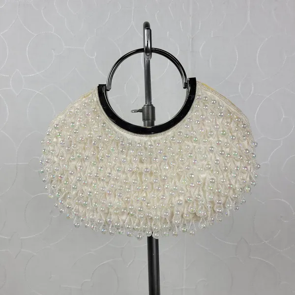 Vintage Womens Iridescent Crystal Hand Bag White Chandelier Beaded Evening Purse - Image 5