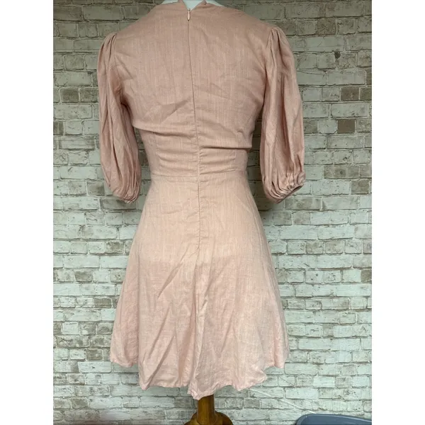 In The Beginning Size S Dress Blush Pink 3/4 Puff Sleeves‎ Tie Front Linen Short - Image 6