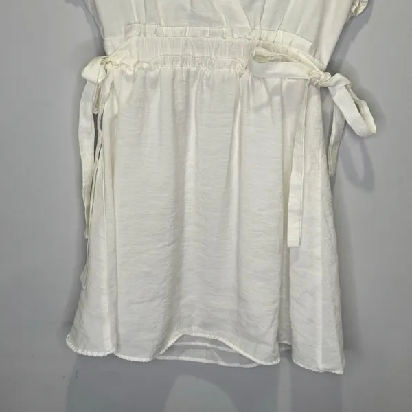 🍁 Zara Ruffle V-neck Mini Dress‎ Cinched Waist Ties White Small - Image 6
