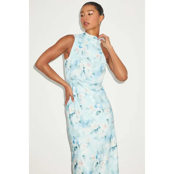 NWT Lulus Distinctive Charm Blue Floral Satin Asymmetrical Midi Dress Party XS - Image 3