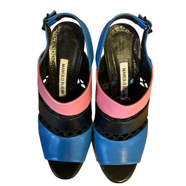 Manolo Blahnik "Aspendum" Black, Blue & Pink Leather W/Mesh Heels (36.5) - Image 8
