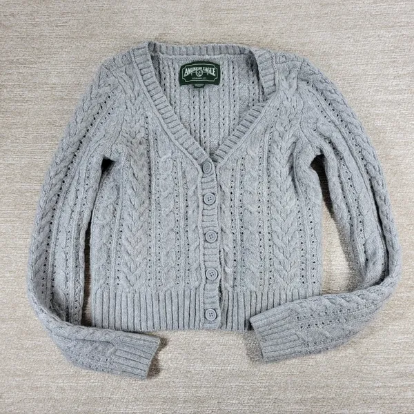 American Eagle Cable Knit Cardigan Sweater XS Gray Crop Button Front Soft Cozy - Image 5