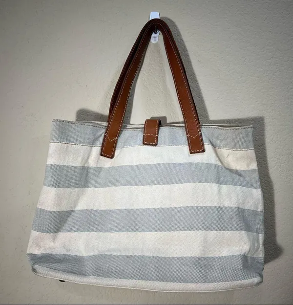 Fossil Rachel Blue Gray /Cream Coated Canvas KEY Leather Shoulder Tote Bag - Image 2