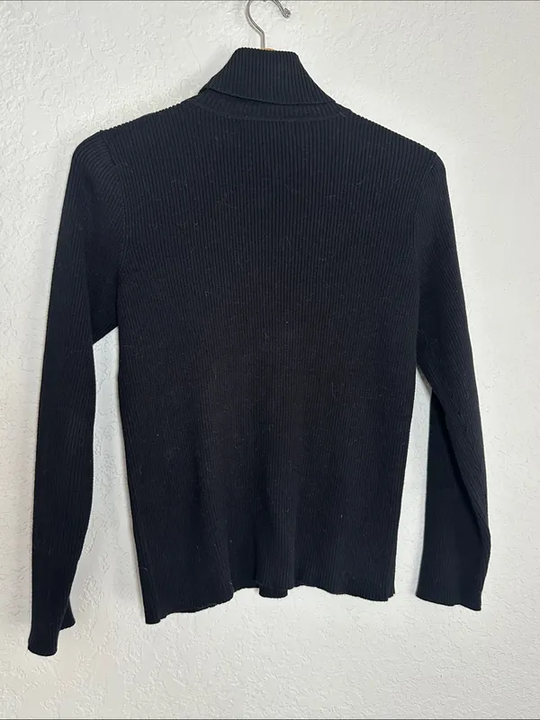 Ralph Lauren Black Ribbed Turtleneck Sweater Gold Buttons Epaulettes Preppy - Image 7