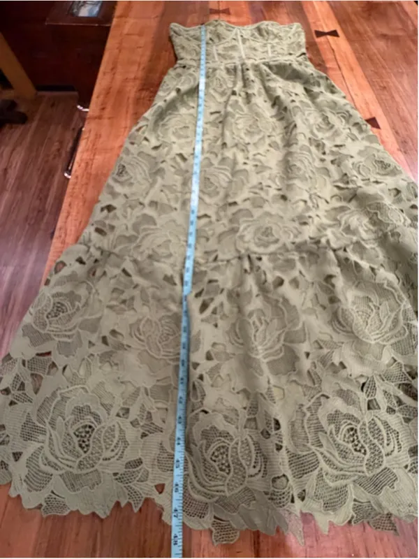 Glam Sage Green Lace Corset Maxi Dress Strapless Cutout Crochet Floral XL Summer - Image 9