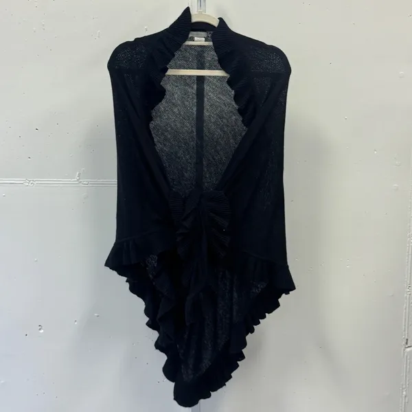 Design History Cashmere Wool Angora Blend Ruffle Trim Knit Shawl Wrap O/S Black - Image 3