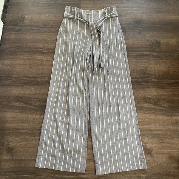 Theory Size 12 Wide Leg Belted Trousers Stripe Wither Linen Belt Pant Fl_ - Image 3