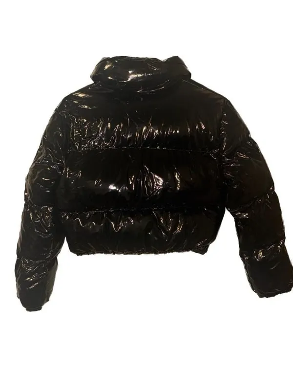 NWT Nanyfair Women's Black Shiny Vinyl Cropped Puffer Jacket Size L - Image 8