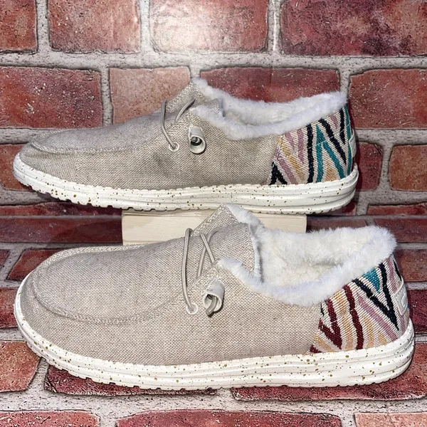 Pre-Owned Hey Dude Wendy Funk Wool Beige Canva Slip On Faux Fur Shoe Size 9 Casu - Image 5
