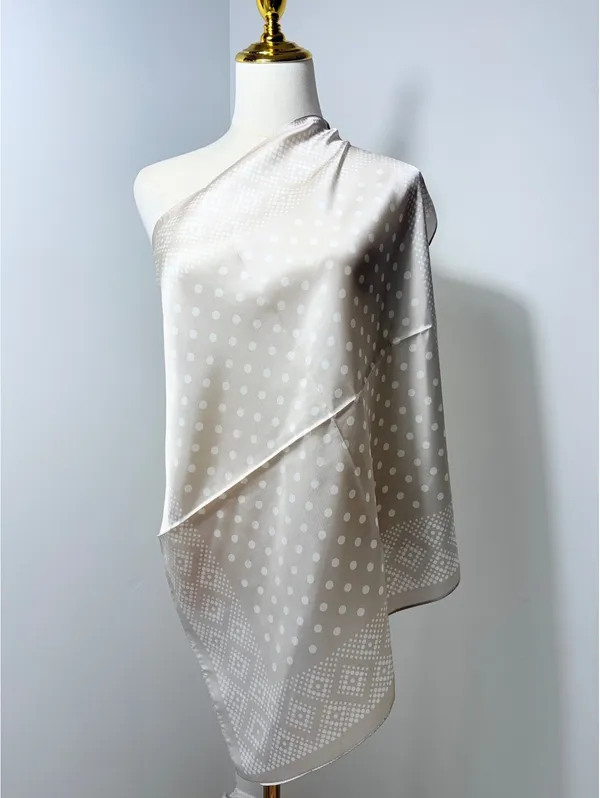 Elegant Beige Satin Polyester Scarf with Polka Dot and Diamond Pattern - Image 2