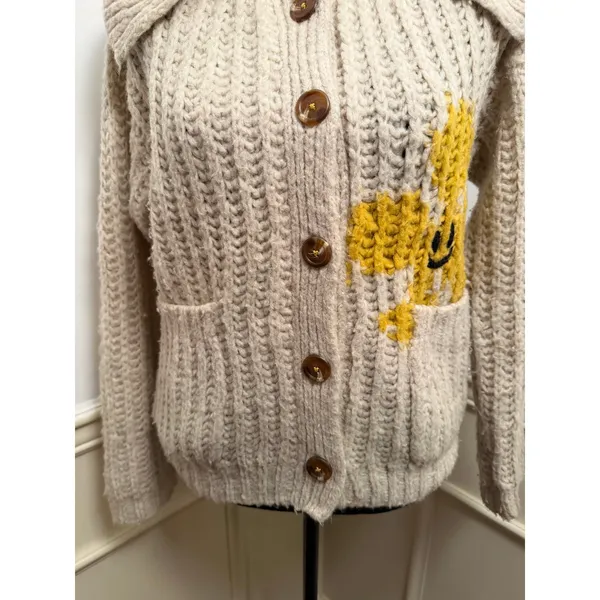 Anthropologie Pilcro Happy Flower Chunky Knit Cardigan Sweater Cream Button Up - Image 6