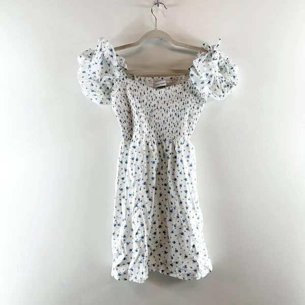 Faithfull The Brand Wendy Smocked Mini Puff Sleeve Floral Dress White Blue XS - Image 4